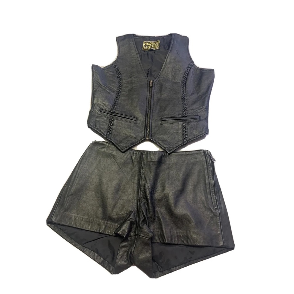 GENUINE LEATHER shorts & vest-Black-Sz S Vest & Sz 2 shorts slight discoloring